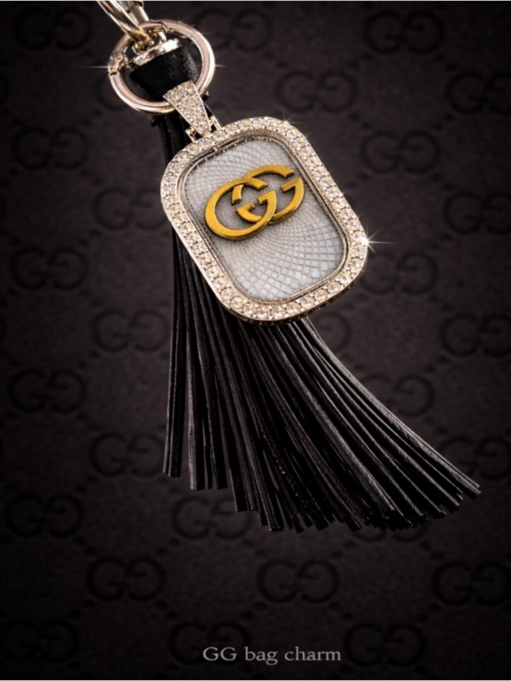 GG Black Tassel Style Key Charm with Gold Logo and Crystal Trim-Swivels